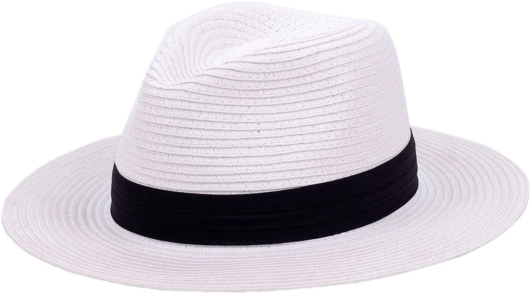 Straw Panama Hat for Women Beach Hats Summer Sun Wide Brim Floppy Fedora Cap UPF50 | Amazon (US)