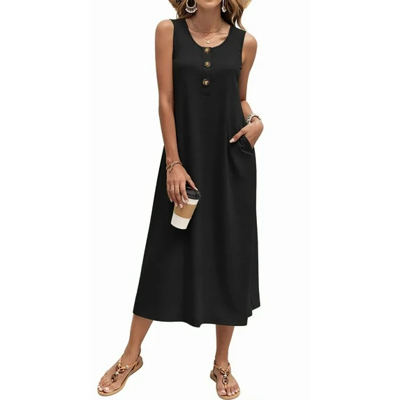 Fantaslook Long Tank Dresses for Women Summer Sleeveless Button Down Dress Casual Loose Beach Vac... | Walmart (US)