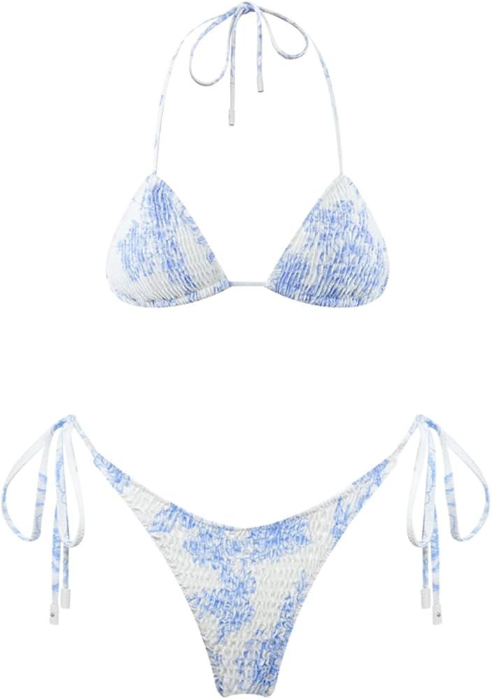 VOLAFA Women's Triangle Bikini Set String Swimsuit Print Tie Smocked Ruched Two Piece Bathing Sui... | Amazon (US)