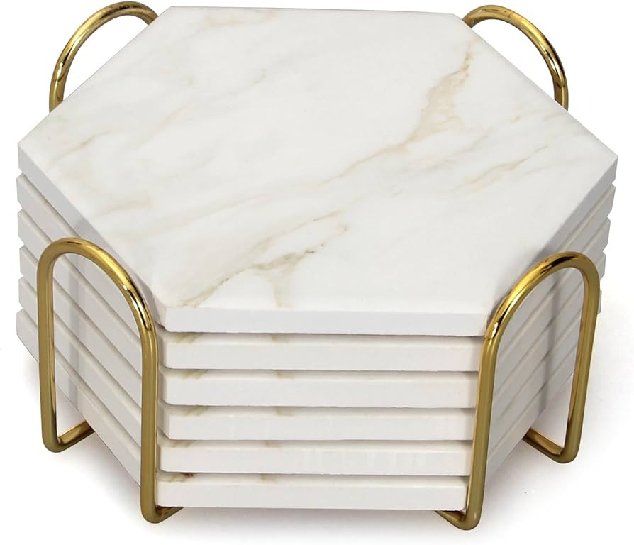 6 Pcs White Marble Coaster Set with Holder Hexagon Ceramic Coasters Absorbent Coasters Drink Coas... | Amazon (US)
