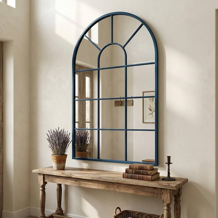 Blue Framed 48x28Inch Arched Window Pane Mirror| Arched Mirrors for Wall & Floor | Arch Mirror Fu... | Amazon (US)