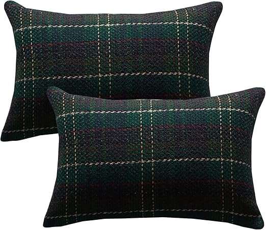 Green Plaid Pillow Covers 12x20 inch Set of 2 Knitting Tartan Pillow Cases Winter Xmas Farmhouse ... | Amazon (US)