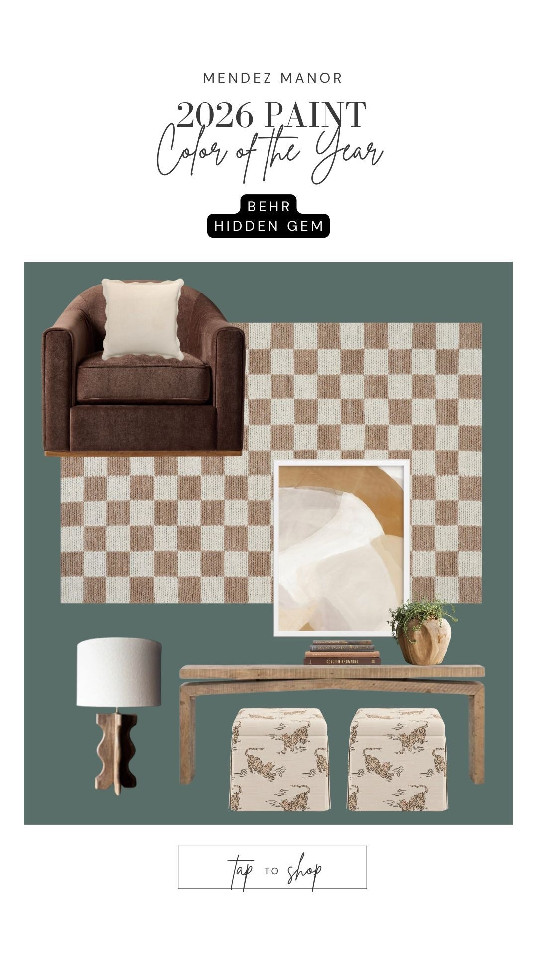 “Hidden Gem” is the Behr 2026 paint color of the year. Looks like green is still trending this year! 

#checkeredrug #arearug #wallart #walldecor #sidechair #consoletable #lamp

#LTKFindsUnder100 #LTKSaleAlert #LTKHome