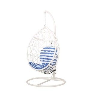 Cayuse Outdoor Wicker Tear Drop Hanging Chair by Christopher Knight Home - White + Blue | Bed Bath & Beyond