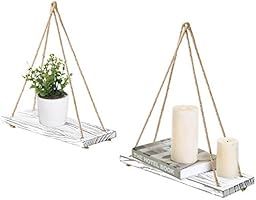 MyGift 17-inch Whitewashed Wood Hanging Rope Swing Shelves, Set of 2 | Amazon (US)