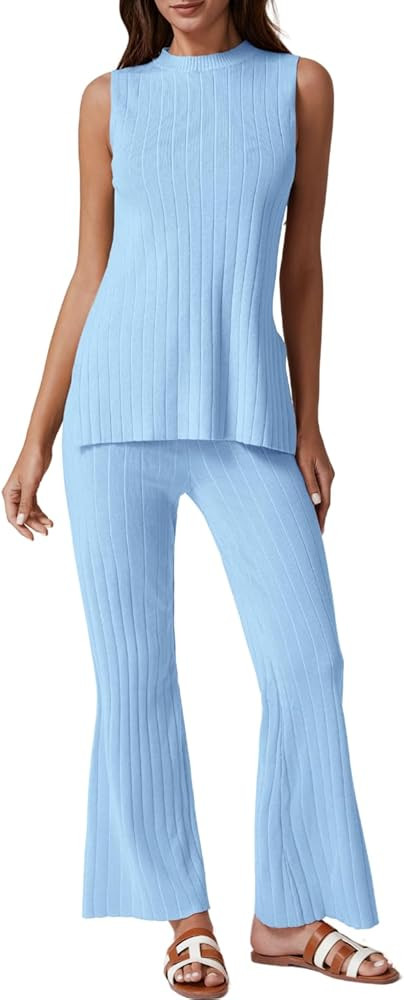 QINSEN Lounge Sets for Women Two Piece Outfits Knit Sleeveless Vented Hemline Tops Wide Leg Pants... | Amazon (US)