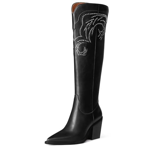 MUCCCUTE Black Cowgirl Boots Women, Knee High Cowboy Boots Pointed Toe PU leather Tall Boots Western Long Boots Block Heel with Embroidered US Size 11 | Amazon (US)