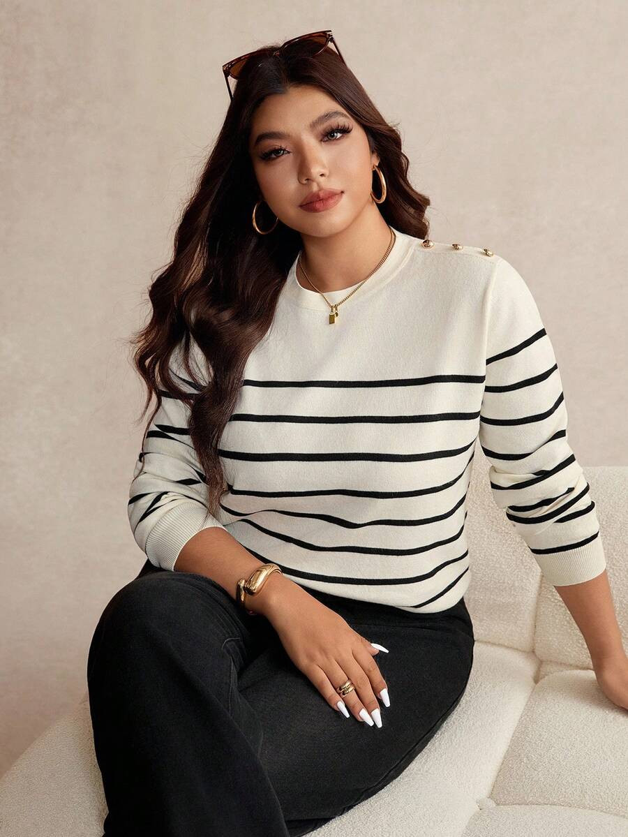 Elaquor Plus Size Women Striped Crew Neck Long Sleeve Casual Pullover Sweater Nautical Outfits Fo... | SHEIN