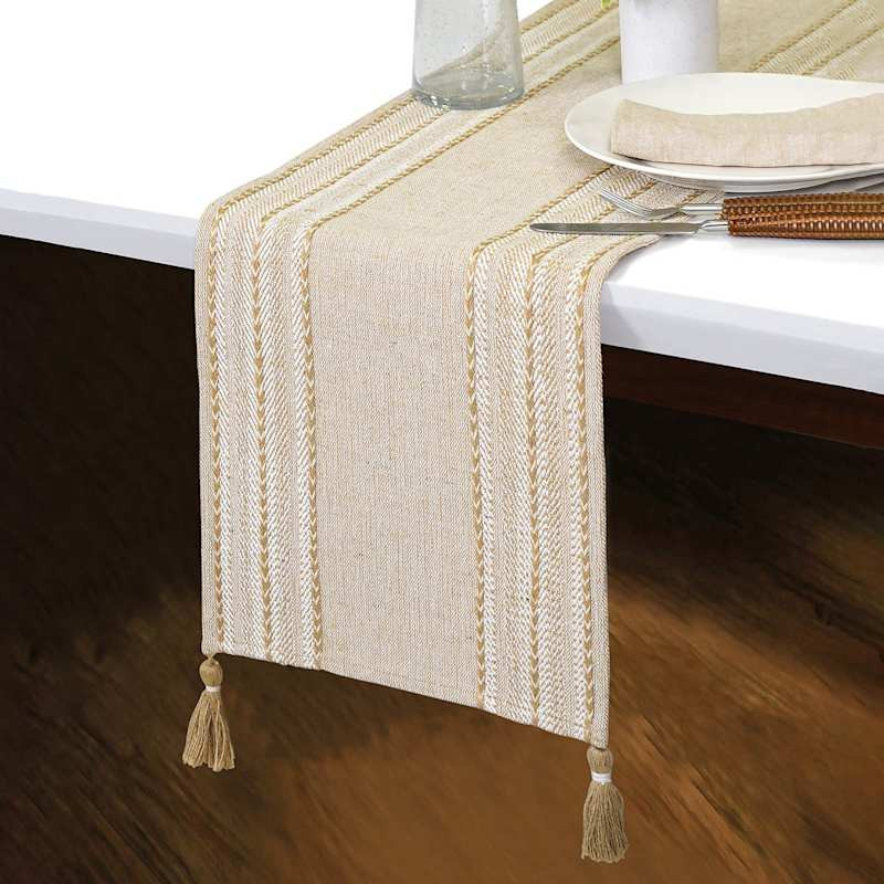 Natural Woven Jute Table Runner with White Stripes, 14x108 | At Home