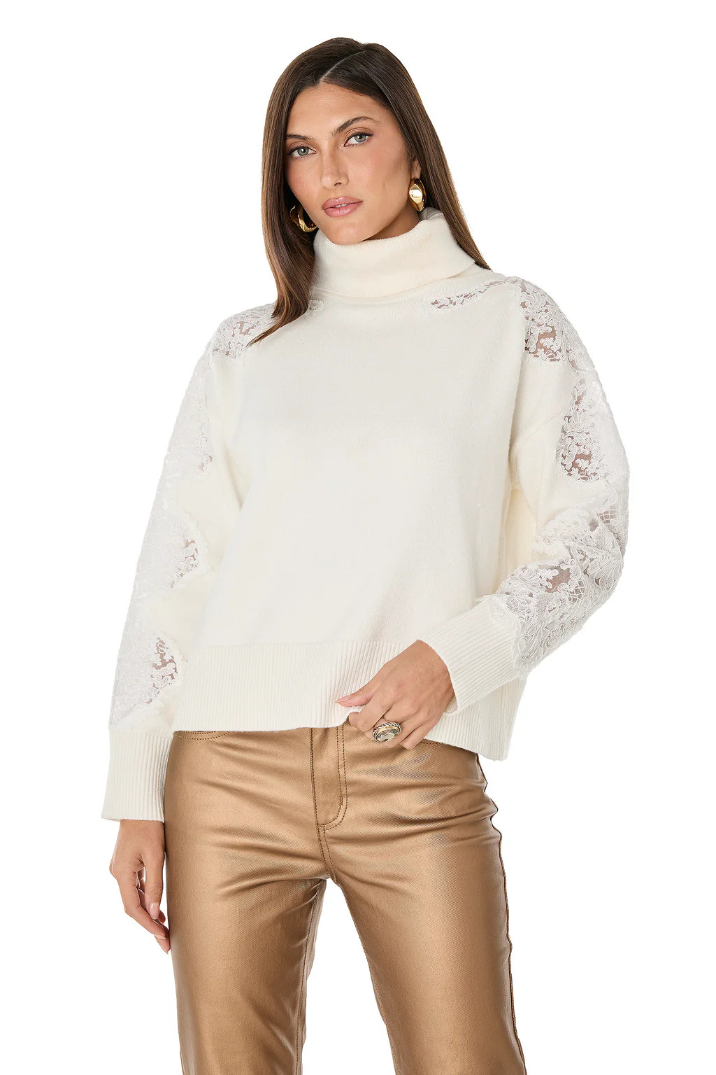 Camille Lace Turtleneck Sweater - Pearl | The Noli Shop