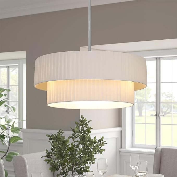 LamQee 3-Light Modern Drum Chandelier, 2-Tier Semi-Flush Mount Pendant Light Fixtures with Fabric... | Amazon (US)