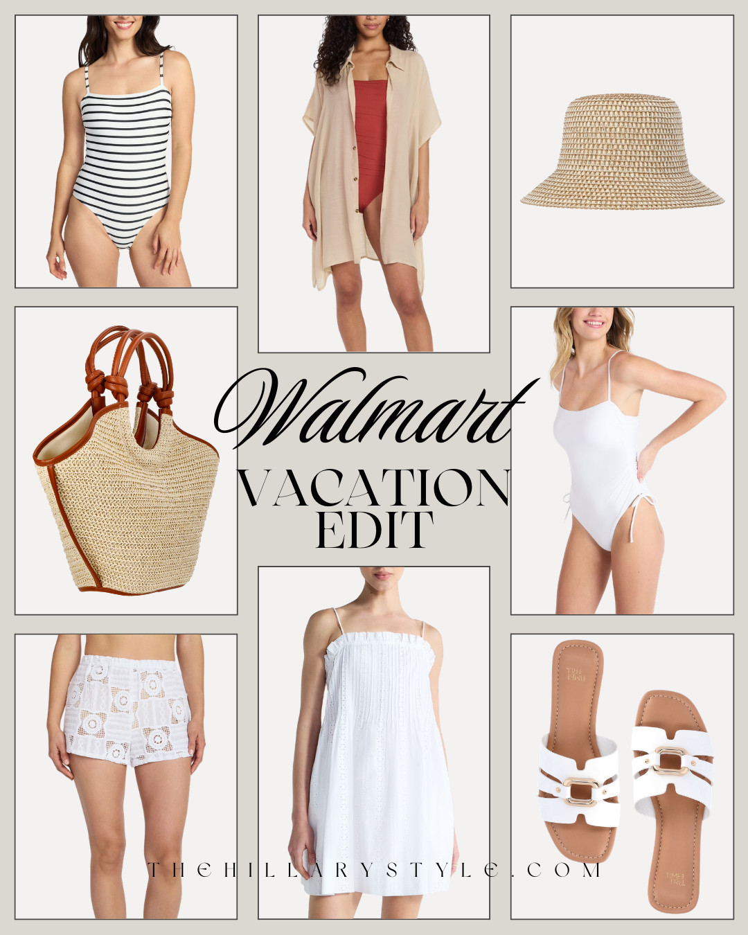 Walmart Vacation Edit | Affordable Resort Wear & Swim

Get ready for your next getaway with this curated Walmart vacation edit, featuring elevated spring break essentials that look expensive but are incredibly budget-friendly. This collection highlights the "all-white everything" trend with a chic eyelet mini dress and matching lace-detailed shorts, perfect for a crisp resort look. Dive into the season with a classic striped one-piece or a sleek white side-tie swimsuit. Complete your outfit with trending accessories like a structured straw tote with leather-like trim, a woven bucket hat, and comfortable white H-band slide sandals. These pieces are designed for effortless self-expression and comfort, making them must-haves for beach days and sun-drenched escapes. 

 #TheHillaryStyle #WalmartStyle #WalmartFinds #VacationOutfits #SpringBreak2026 #ResortWear #AffordableFashion #BeachDayStyle #LTKunder50 #PinterestInspo #WhiteOutfit #SummerStaples #WalmartFashion #TravelWardrobe #QuietLuxuryStyle 

#LTKSeasonal #LTKSwim #LTKTravel