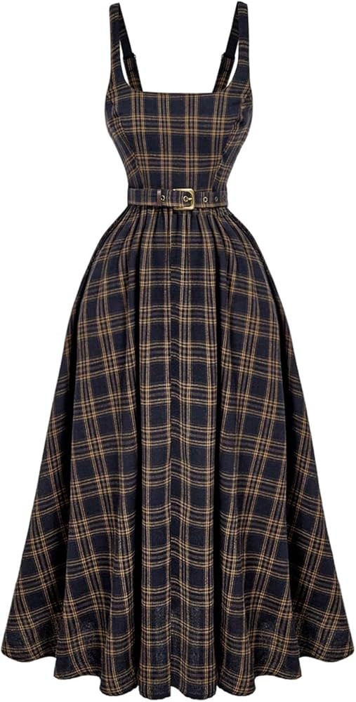 Women's Vintage Plaid A Line Maxi Dress Belted Square Neck Sleeveless Going Out Party Dresses | Amazon (US)