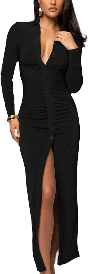 YouSexy Women's Sexy Button Down Ruched Stretchy Maxi Dress Long Sleeve Party Club Long Dresses | Amazon (US)