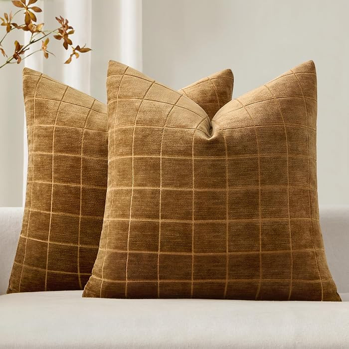 MIULEE Pack of 2 Brown Sugar Chenille Plaid Pillow Covers 20x20 Inch | Decorative Check Throw Cou... | Amazon (CA)