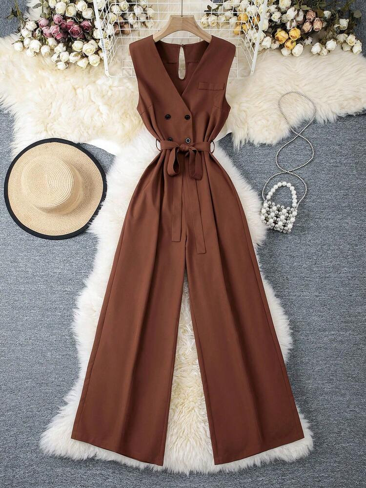 INAWLY Women Casual Minimalist Solid Color Waist Tie Sleeveless Jumpsuits | SHEIN