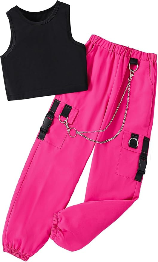Hilinker Girl's Summer 2 Piece Outfits Sleeveless Crop Tank Top and Cargo Pants Set | Amazon (US)