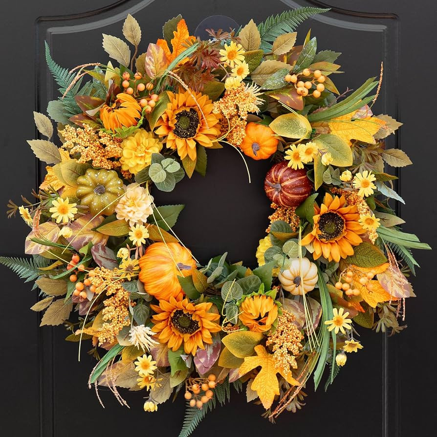 Fall Wreath 24 Inch Fall Wreaths for Front Door Outside with Sunflowers, Pumpkins, and Leaves –... | Amazon (US)