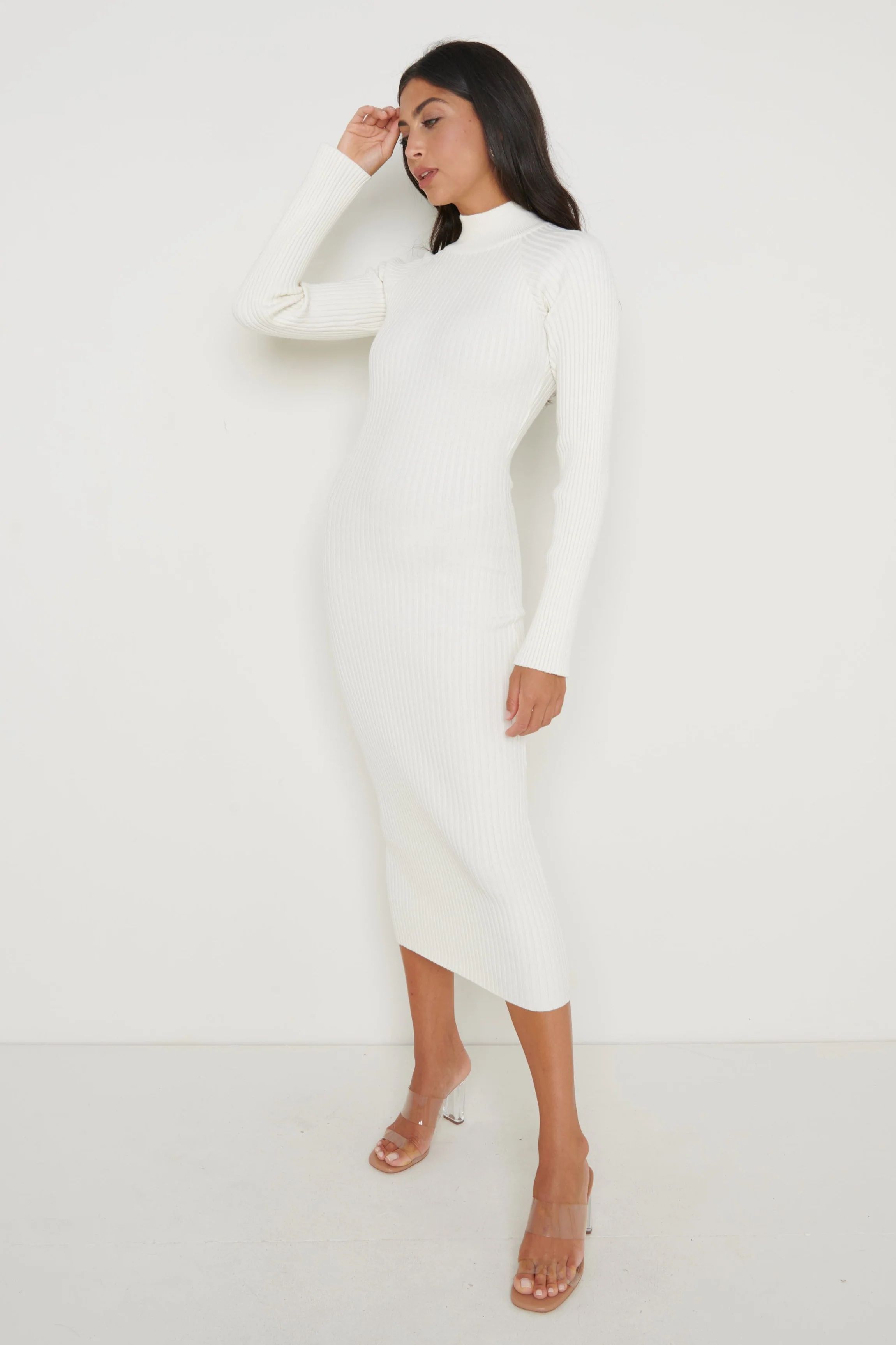 Abbey Ribbed Knit Dress - Cream | Pretty Lavish (UK)