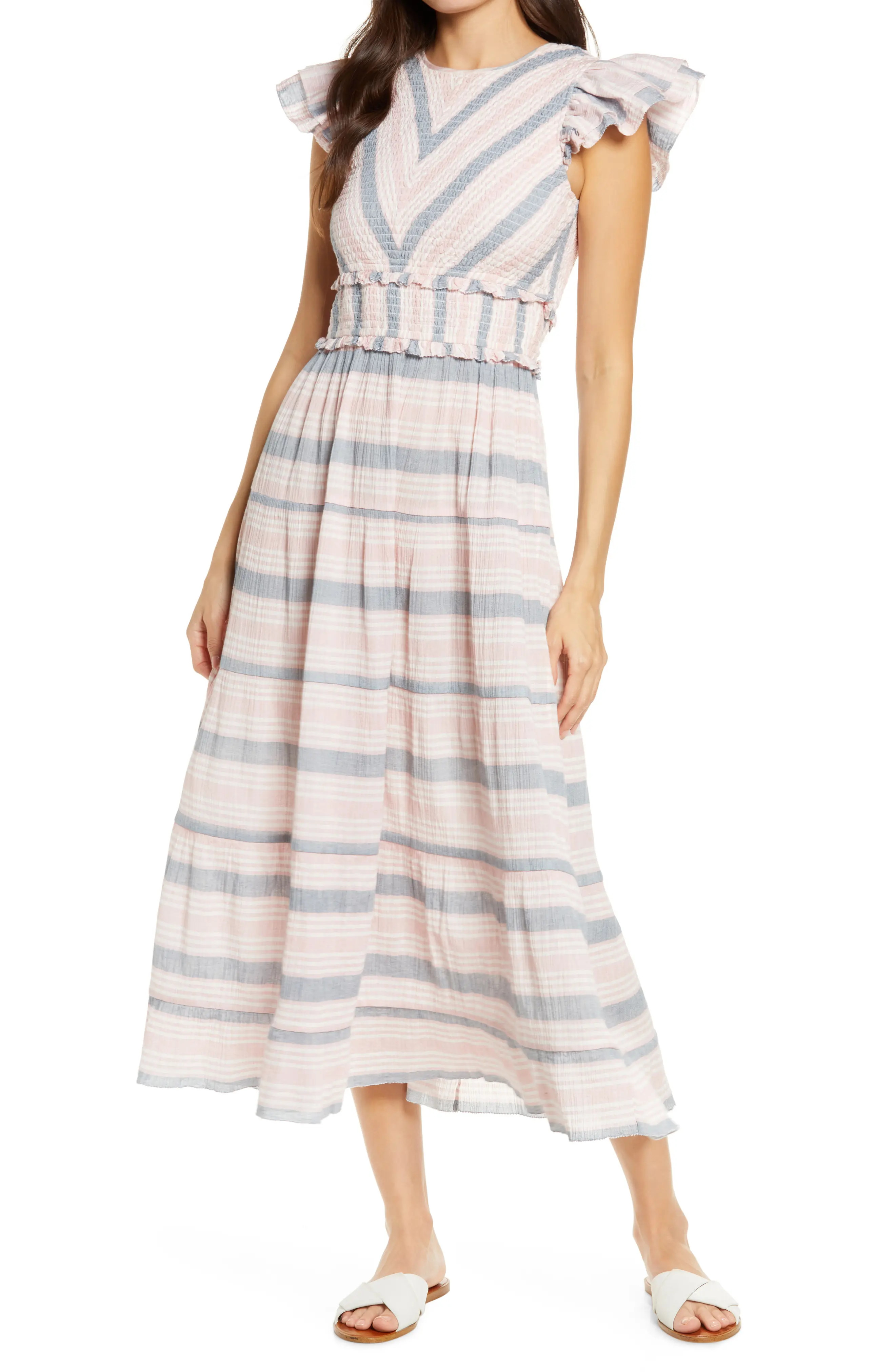 Saylor Alanna Stripe Midi Dress in Multi at Nordstrom, Size Large | Nordstrom