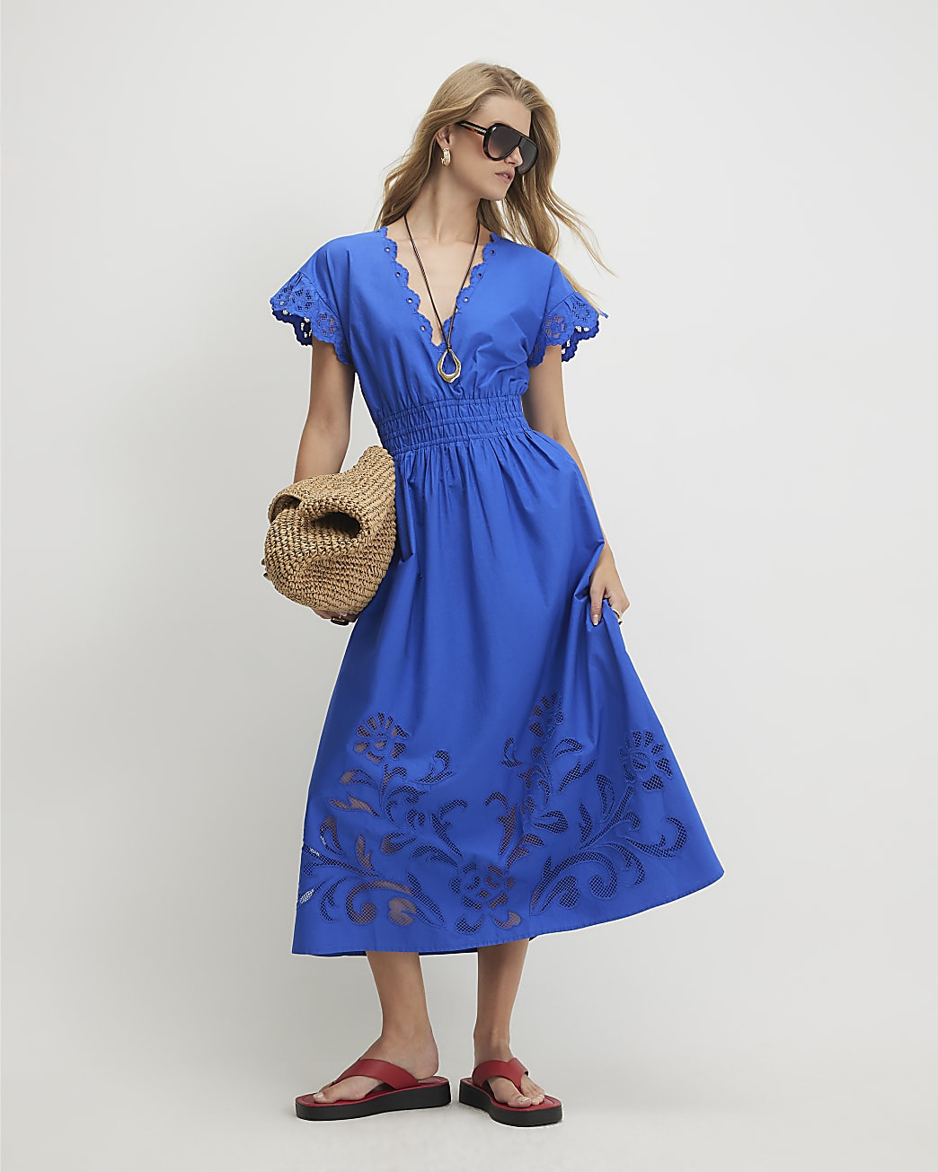 Blue Cotton Embroidered Midi Dress | River Island UK & IE