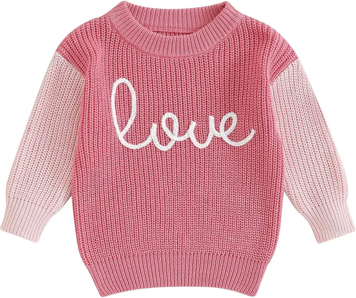 Bonangber Toddler Baby Girl Valentines Day Outfit Love Heart Sweet Long Sleeve Crewneck Sweater C... | Amazon (US)