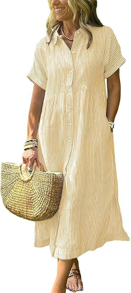 ebossy Women's Boho Striped Shirt Dress Button Up Side Slit Loose Mid Long Cotton Dress with Pock... | Amazon (US)