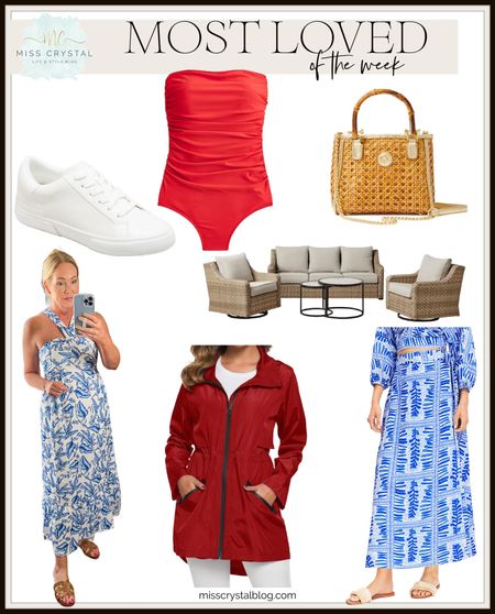 Most popular items of the week. Vacation dress. Raincoat for Alaska. Summer bag. White sneakers. Red strapless one piece swimsuit. Walmart patio set. 

#LTKsalealert #LTKtravel #LTKSeasonal