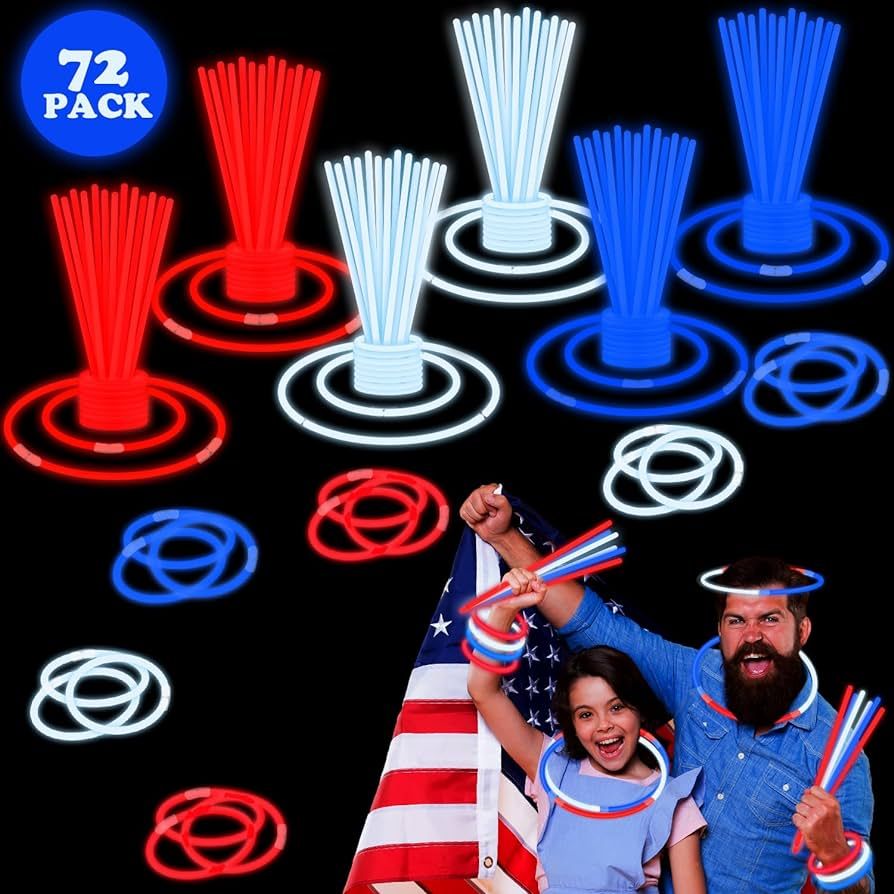 Fourth of July Kids Party Favors Supplies,72 PCS Red White Blue Glow Sticks Party Pack,Light up B... | Amazon (US)