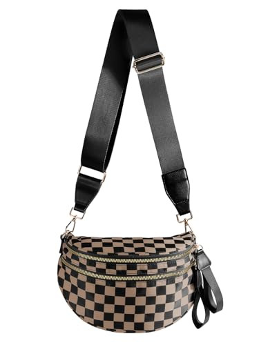 Spacious Checkered Nylon Crossbody Bag Bum Bag Checkered Handbags Wallets for Women (Khaki Black Checkered) | Amazon (US)