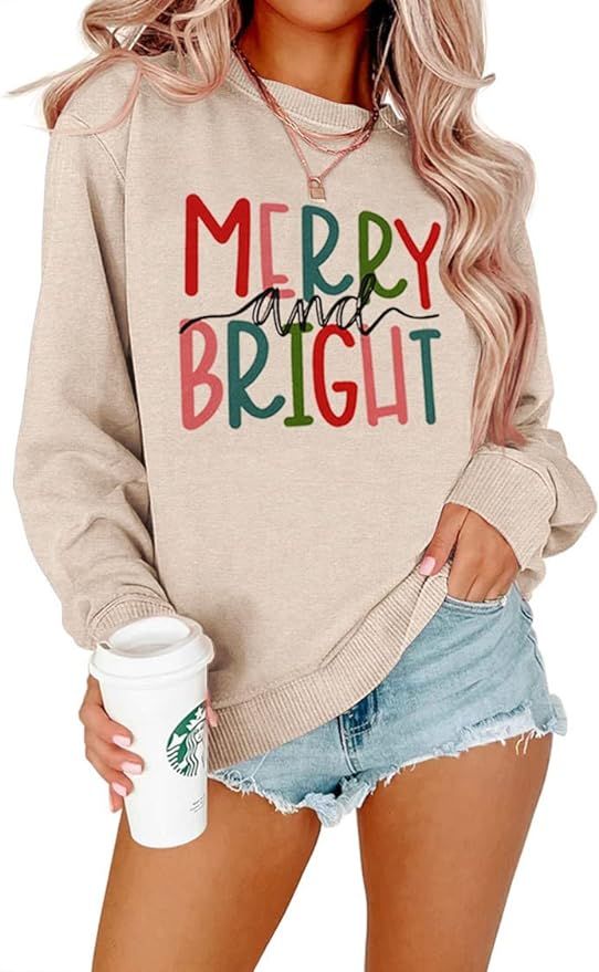 MODNTOGA Women's Merry and Bright Crewneck Sweatshirt Long Sleeve Merry Christmas Sweatshirt Retr... | Amazon (US)