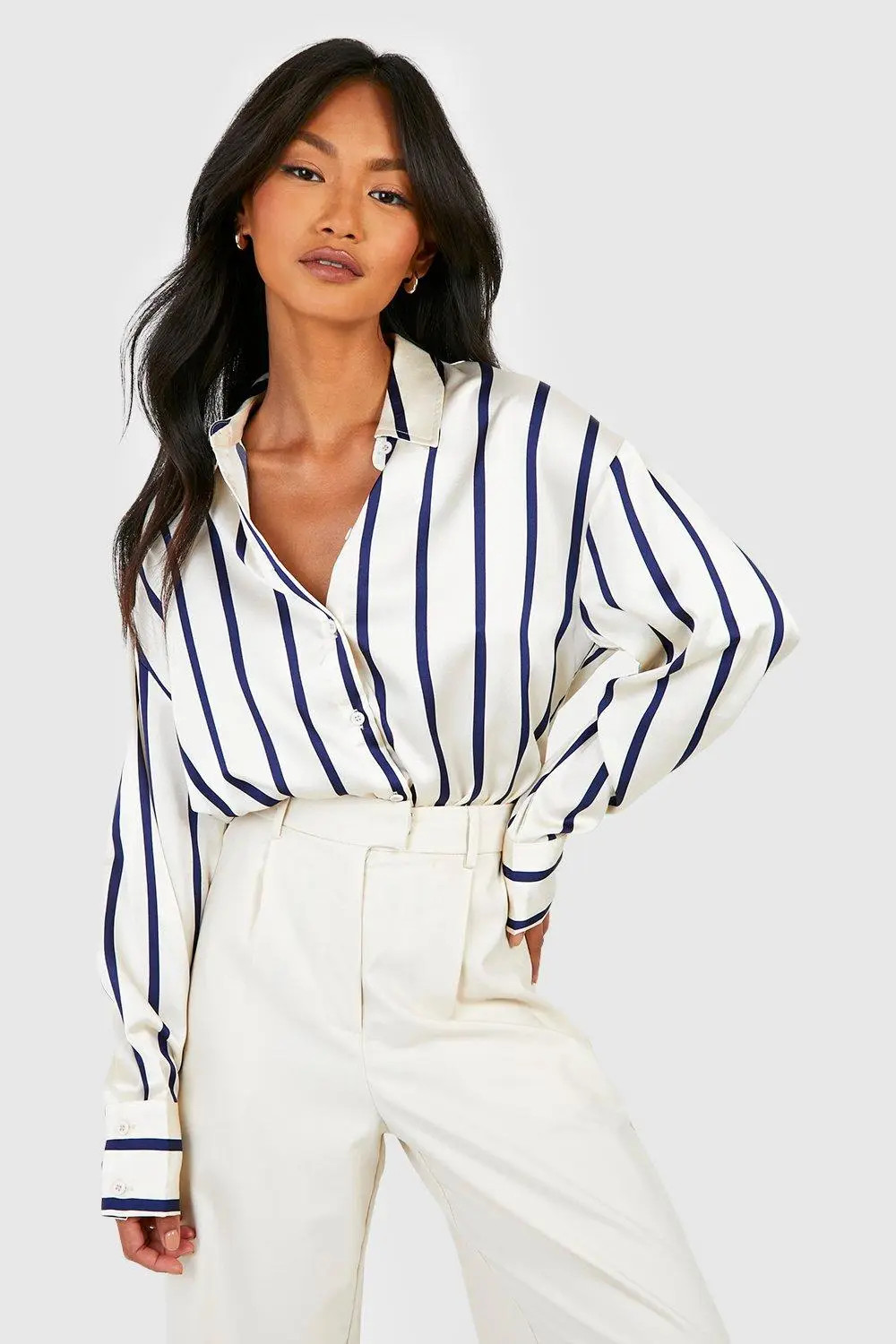 Cream boohoo Fine Stripe Satin Shirt | PrettyLittleThing USA | PrettyLittleThing US