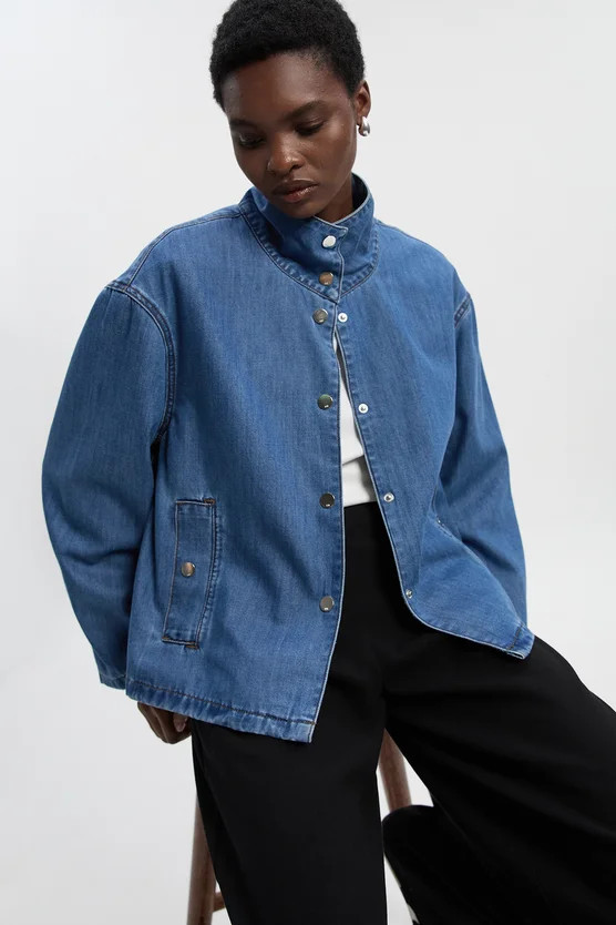 Denim Funnel Neck Jacket | Karen Millen US