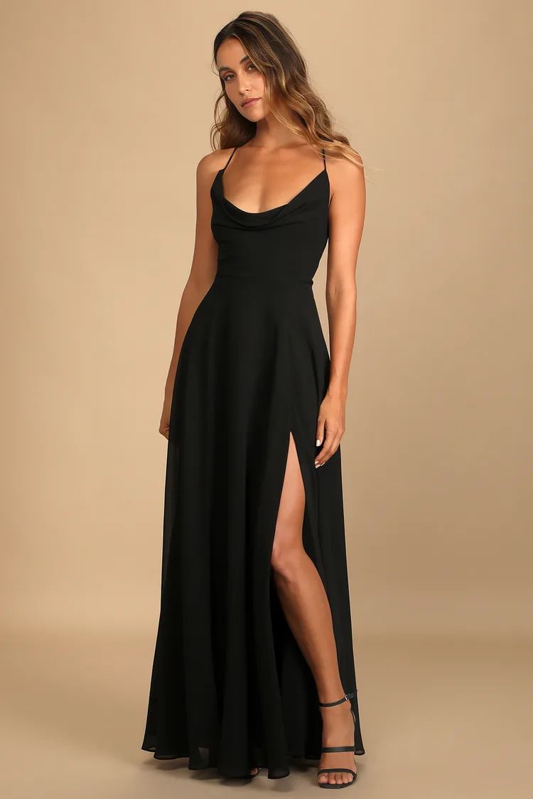 Romantically Speaking Black Cowl Lace-Up Maxi Dress | Winter Bridesmaid Dress Black Bridesmaids Dres | Lulus (US)