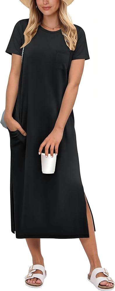 ANRABESS Womens Summer Casual Midi Dress Short Sleeve Crewneck T Shirt Long Dresses Split Stripe ... | Amazon (US)