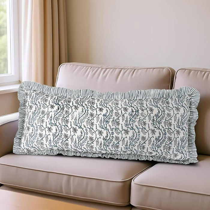 Ridhi Block Print Baby Blue Eyes 36"x14" Set 1-100% Cotton Ruffle Lumbar Sham Cover Boho Floral P... | Amazon (US)
