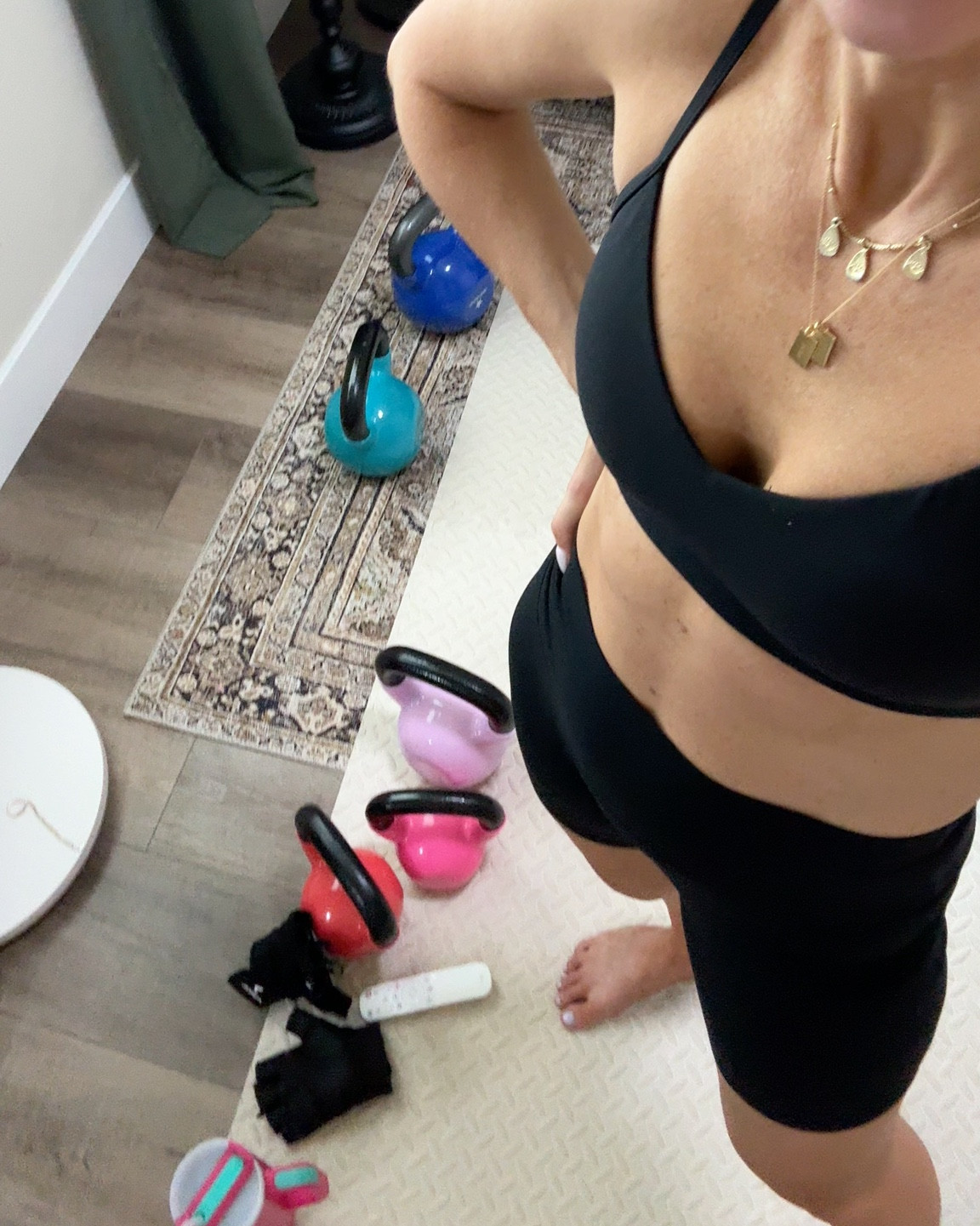 Amazon workout outfit. Lululemon look for less workout outfit.
Sports bra size small 
Bike shorts size small 
Linking all my at home workout equipment from Amazon. Kettle bells.

#LTKFitness #LTKVideo #LTKActive