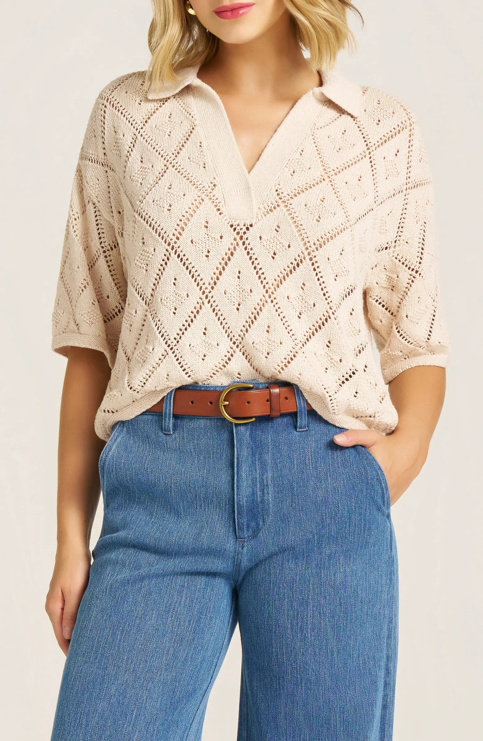 Jasmine Open Stitch Johnny Collar Sweater | Nordstrom