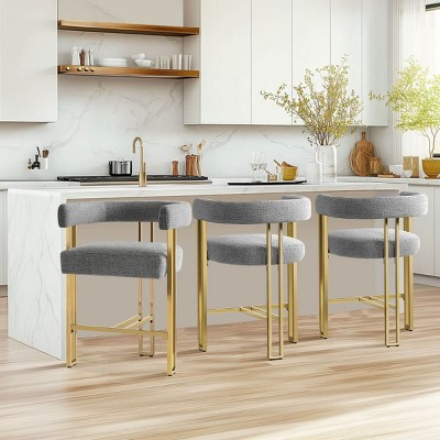 Set of 3 Counter Height Bar Stools with Backs and Arms, Modern Gray Chenille Upholstered Kitchen Island Chairs with Gold Metal Legs - Panipeachy | Target