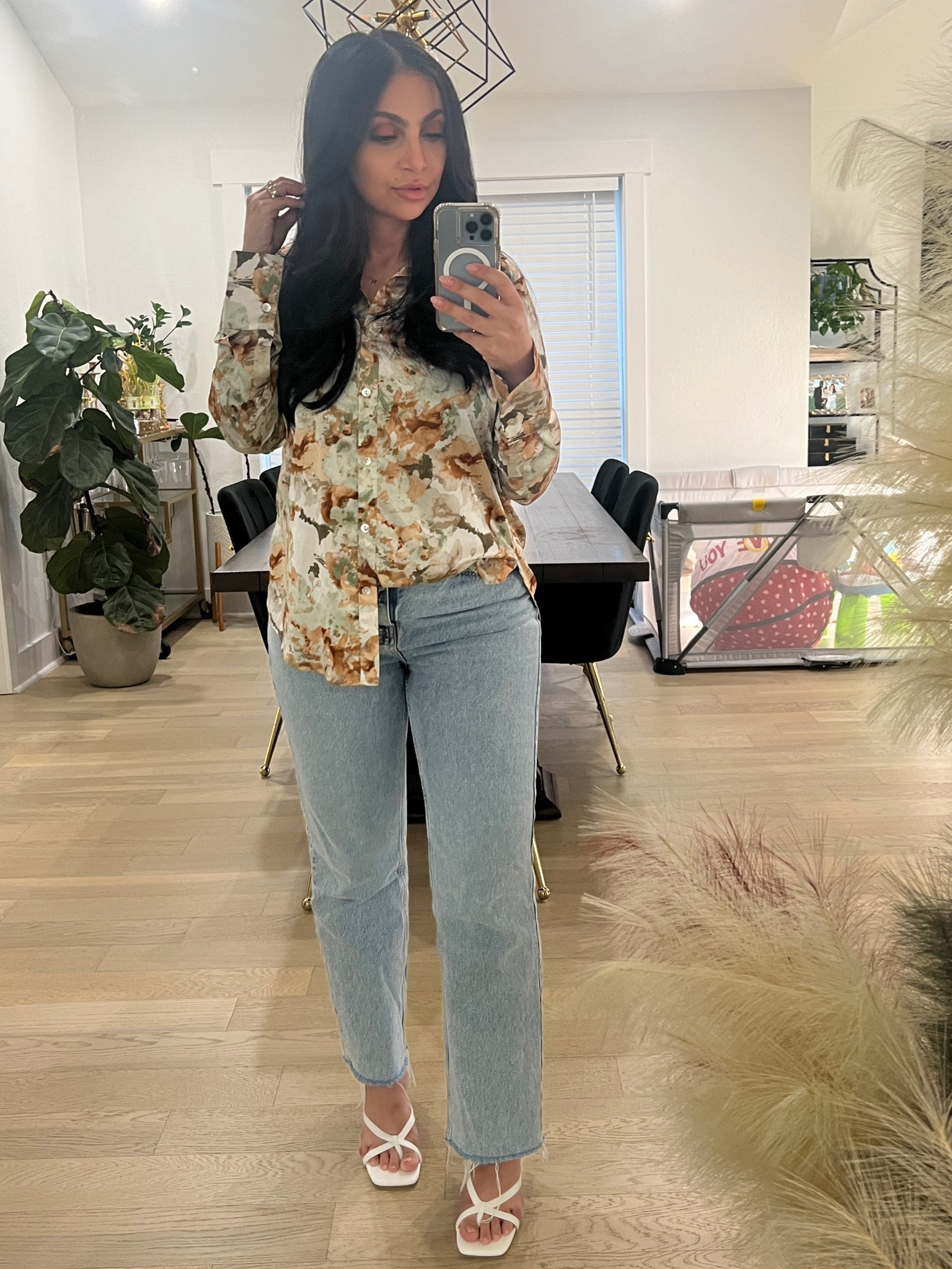 Casual outfit. Button up shirt. Silk button up. Straight leg jeans. Sandal mules. White sandals. Cute jeans. Lulus fashion. Abercrombie jeans. 

#LTKShoeCrush #LTKStyleTip #LTKFindsUnder50