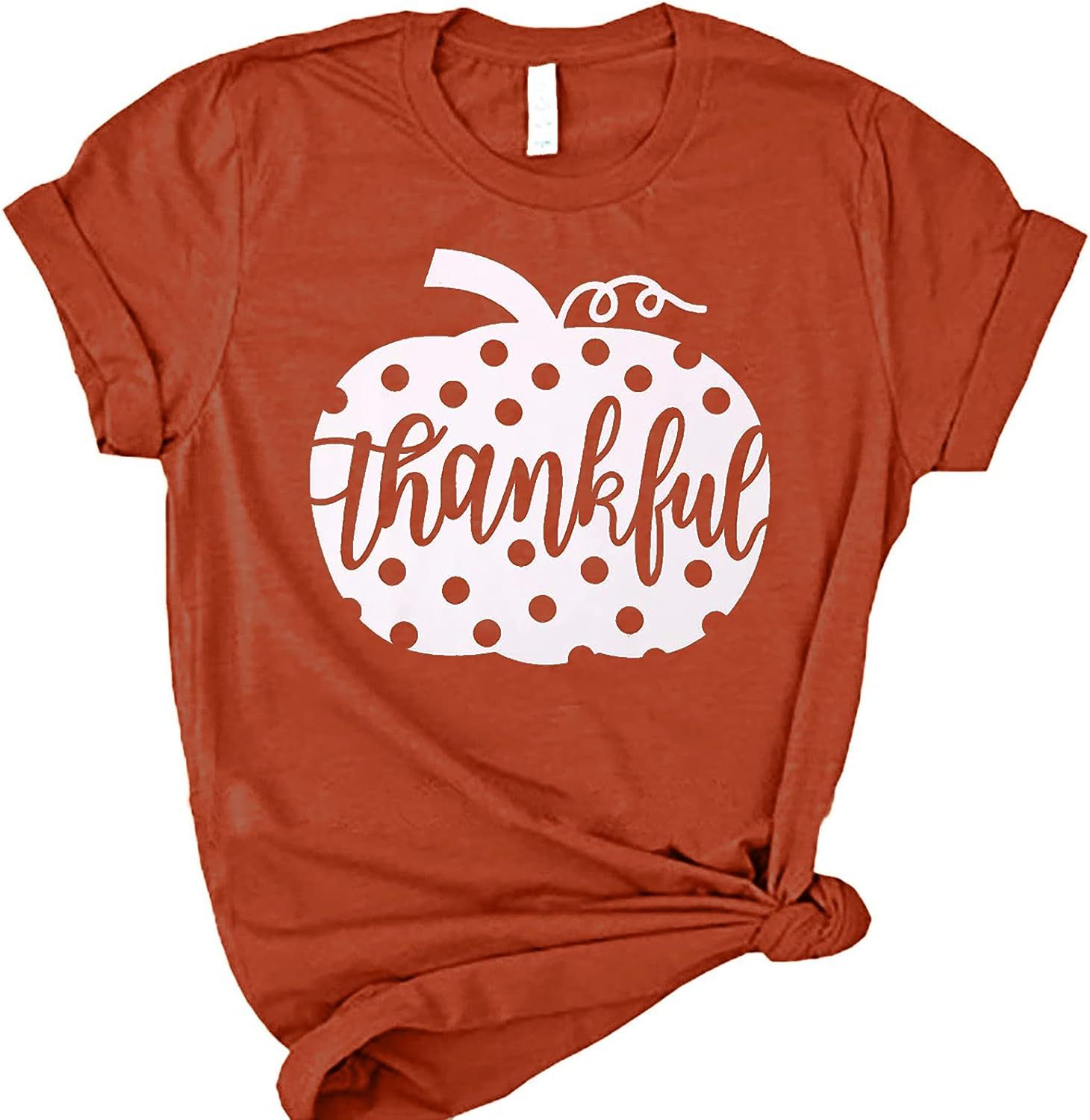Thankful Pumpkin Shirts Women Cute Polka Dot Graphic Fall Tops Tee Casual Short Sleeve Holiday Sh... | Amazon (US)