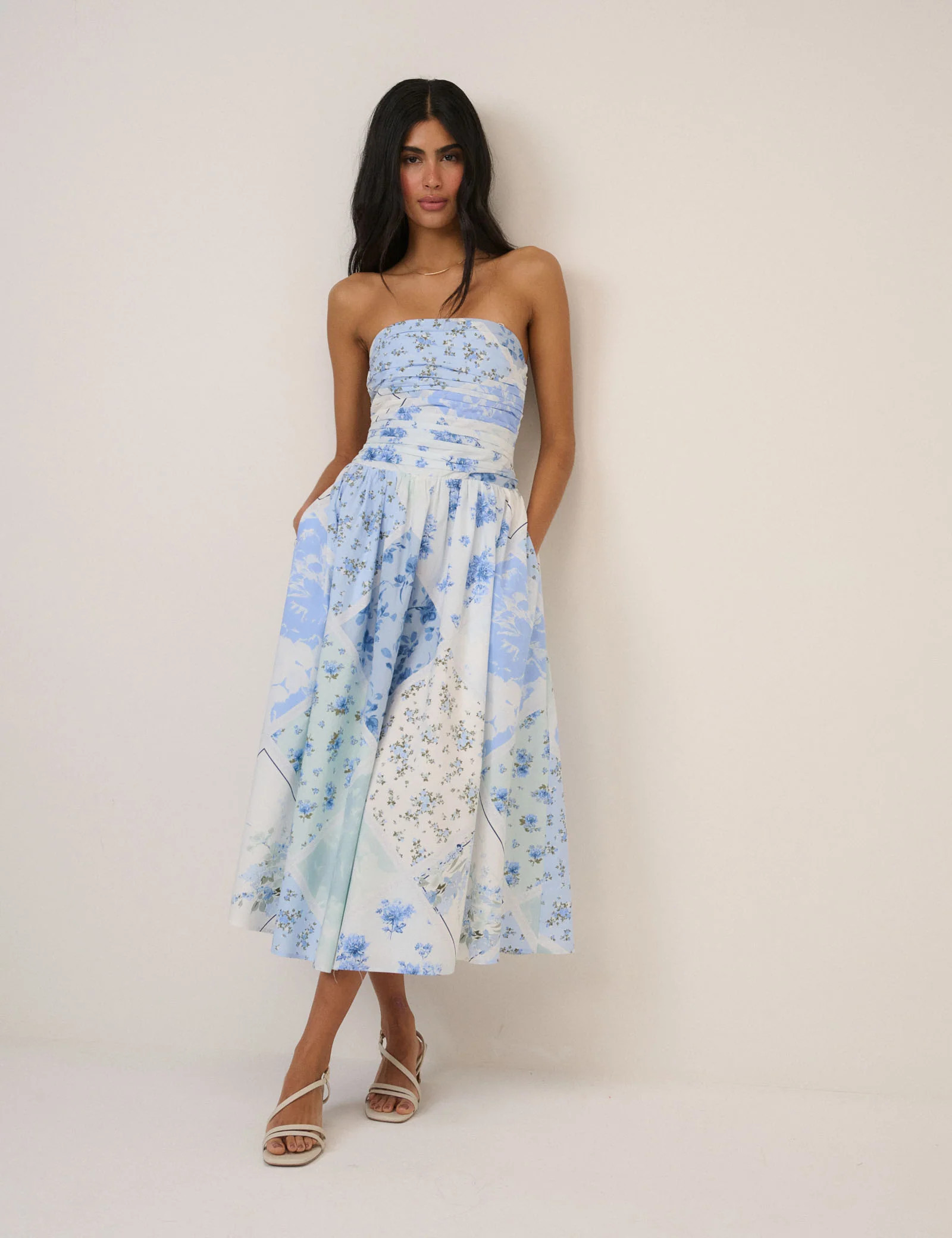 Blue Floral Bandeau Alice Midi Dress | Nobody's Child