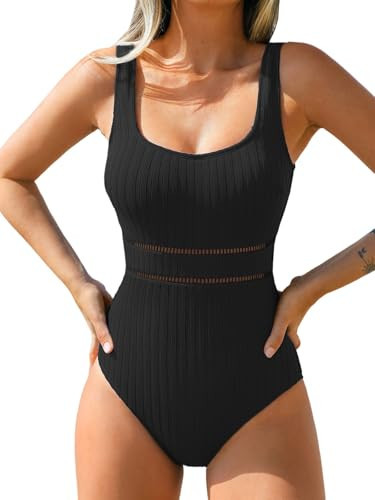 CUPSHE Women's One Piece Swimsuit Scoop Neck Textured Bathing Suit Cutouts Low Back Swimwear Wide Straps, L Black | Amazon (US)
