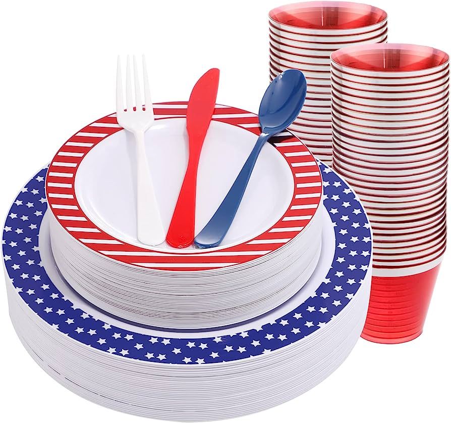 Supernal 180pcs American Flag Dinnerware, Red White Blue Plastic Silverware for Independence Day,... | Amazon (US)