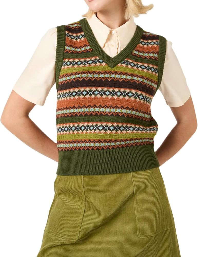 Women Vintage Knit Crop Sweater Boho Sleeveless V Neck Colorful Argyle Plaid Pattern Slim Fit Pre... | Amazon (US)