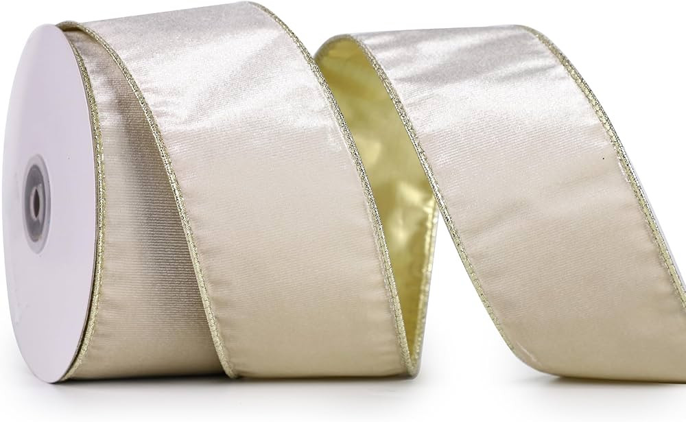 Ivory Velvet Ribbon Wired 2.5" x 10 Yards Ivory Christmas Wired Ribbon with Gold Backside, Ivory ... | Amazon (US)