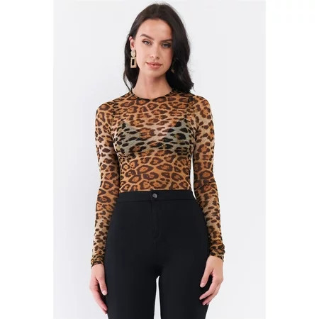 Brown Leopard Print Sheer Mesh Crew Neck Long Sleeve Bodysuit S | Walmart (US)