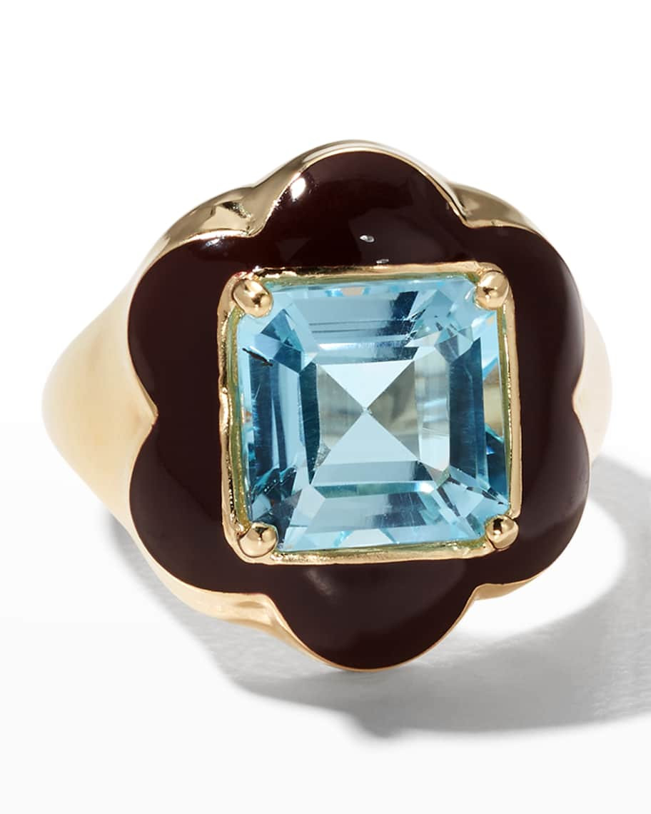 Bea Bongiasca Give Them Flowers Pinky Ring in Cherry Chocolate Enamel and Square Blue Topaz | Neiman Marcus