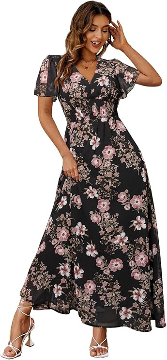 Simplee Women's Boho Floral Maxi Dress Flowy Casual V Neck Short Sleeve Wedding Guest Holiday Bea... | Amazon (US)