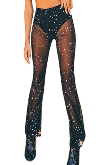 Women Rave Mesh Sheer Pants Flared Bell Bottom Pants for Dance Festival Clubwear | Amazon (US)